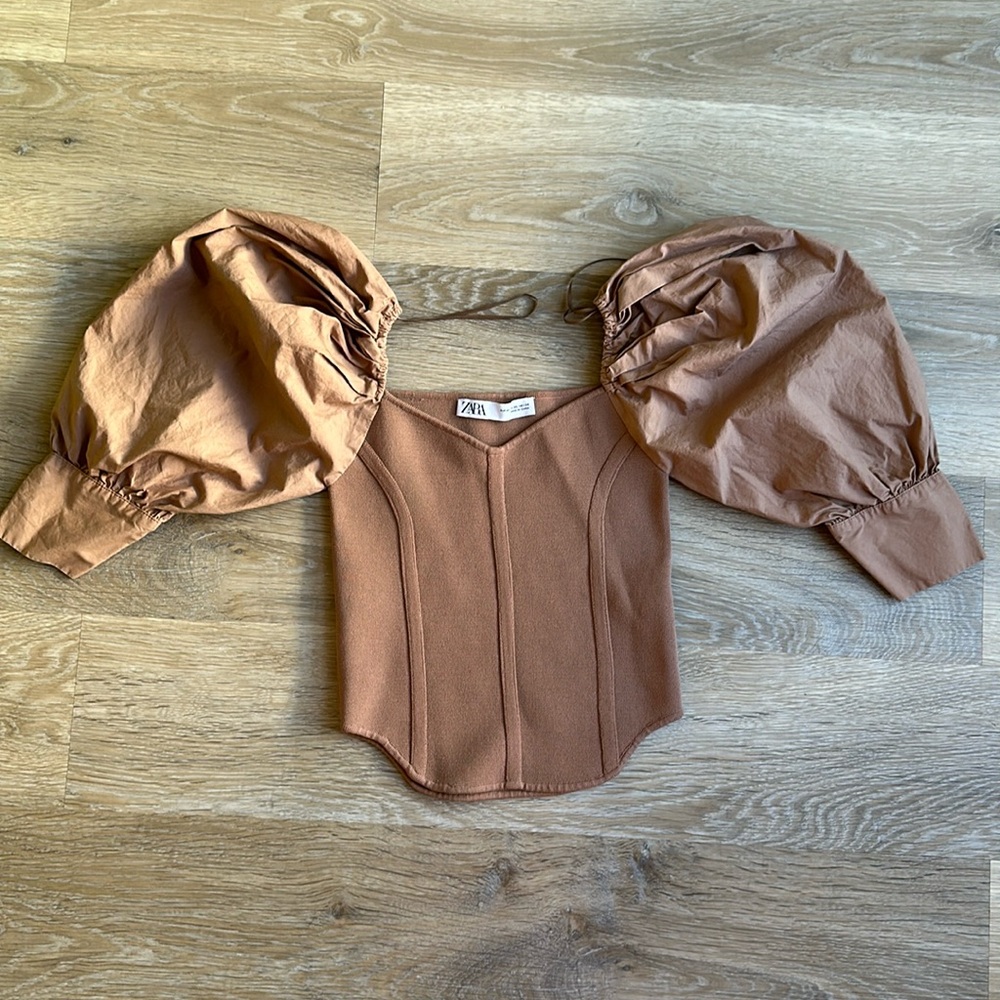 Brown Zara shirt.. corset fit with puffy sleeve